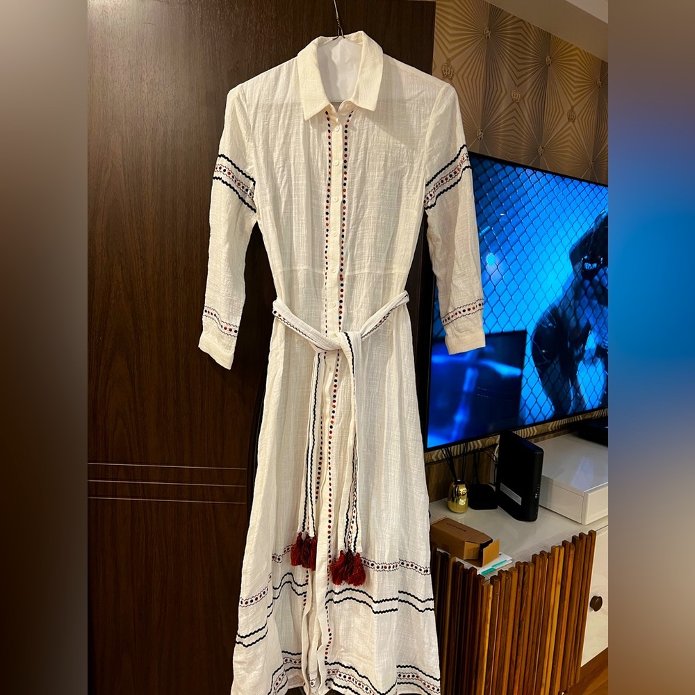 Zara embroidered cotton belted midi  shirt dress S
